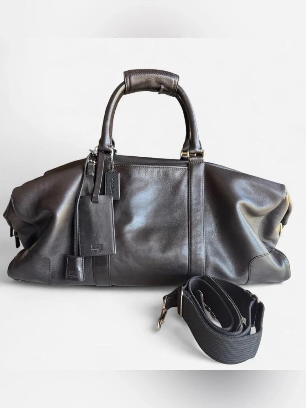 Vintage Coach Dark Brown Leather Duffle Travel Overnight Bag Silver Hardware
